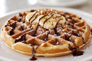 Belgian waffles with banana, chocolate and nuts on a plate photo