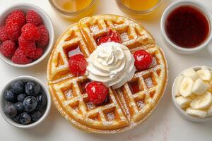 Breakfast waffles with fresh fruit, whipped cream, and syrup on a table photo