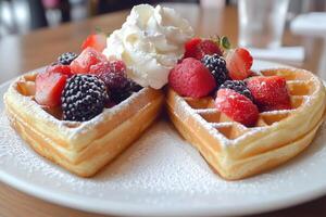 Sweet and crispy heart waffles with blackberry and raspberry photo