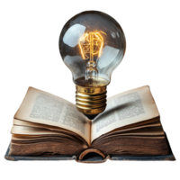 Glowing Lightbulb above Antique Book Knowledge Illumination Inspiration png