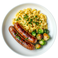 Delicious Sausage with Spaetzle on transparent background. png