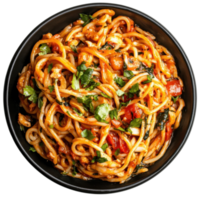 Delicious Bigoli Pasta on Dark Platter on transparent background. png