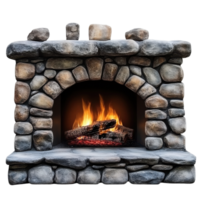 Rustic Stone Fireplace with Flames on transparent background. png