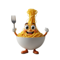 Happy Spaghetti Character Holds Fork In Bowl Isolated on Transparent Background png