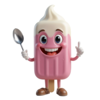 Happy Pink Popsicle Cartoon Character Holding Spoon Isolated on Transparent Background png