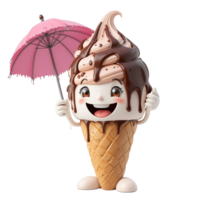 Happy Ice Cream Cone Character Holds Pink Umbrella Isolated on Transparent Background png