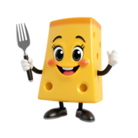 Happy Cheese Character Holds Fork Smiling Isolated on Transparent Background png