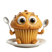 A Cute Cartoon Muffin Enjoys Its Meal With Spoons Isolated on Transparent Background png
