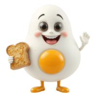 Happy Fried Egg Cartoon Character Holds Toast Isolated on Transparent Background png
