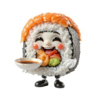Happy Sushi Character Serving Soy Sauce Isolated on Transparent Background png