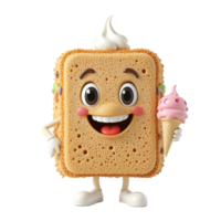 Happy Waffle Character Holds Ice Cream Cone Isolated on Transparent Background png