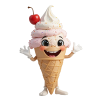 Happy Ice Cream Cone Character with Cherry Topping Isolated on Transparent Background png