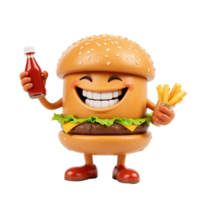 contento hamburguesa personaje sostiene salsa de tomate y papas fritas aislado en transparente antecedentes png