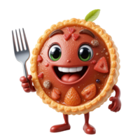 Happy Fruit Tart Character Holds Fork Isolated on Transparent Background png