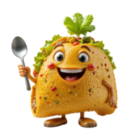 Happy Taco Character Holding a Spoon Isolated on Transparent Background png