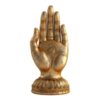 An ornate golden statue depicting an open hand with intricate detailing isolated on transparent background. png