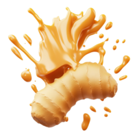 A ginger root with caramel sauce in an artistic splash design png