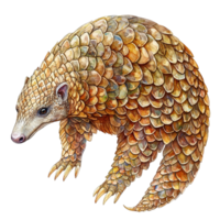 A watercolor illustration of a scaled pangolin with its sharp claws png