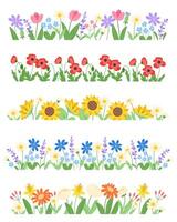 Set of floral borders with colorful wildflowers. Botanical decoration with spring and summer flowers on a green meadow. Flat-style illustration isolated on a white background vector