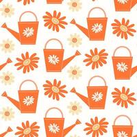 Seamless Pattern with Orange Garden Watering Cans, White Daisies, and Orange Gerberas on a White Background vector