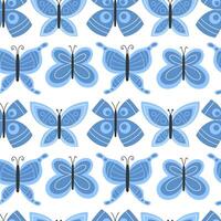 Seamless Pattern of Bright Spring Butterflies in Blue Colors on White Background in Flat Style vector