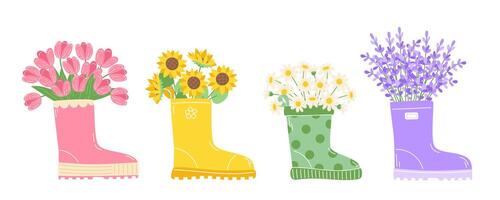 Set of Spring Flower Bouquets Emerging from a Rubber Boot, Featuring Tulips, Sunflowers, Daisies, and Lavender vector