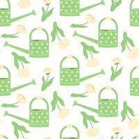 Seamless Pattern with Green Garden Watering Can, Geometric Design, and White Peonies on a White Background vector