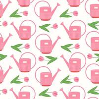Seamless Pattern with Pink Garden Watering Cans and Pink Tulips on a White Background vector