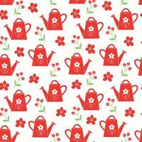 Seamless Pattern with Red Garden Watering Cans and Small Spring Wildflowers on a White Background vector