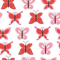 Seamless Pattern of Bright Spring Butterflies in Red Colors on White Background in Flat Style vector