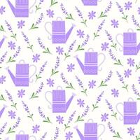 Seamless Pattern with Purple Garden Watering Can, Geometric Design, and Lavender Branches with Purple Flowers on a White Background vector