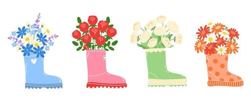 Set of Spring Flower Bouquets Emerging from a Rubber Boot, Featuring Peonies, Roses, Gerberas, Daisies, and Wildflowers vector