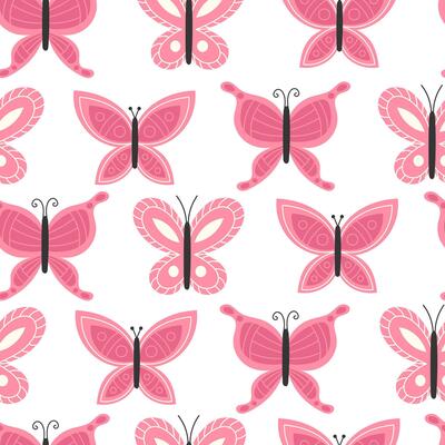 Seamless Pattern of Bright Spring Butterflies in Pink Colors on White Background in Flat Style