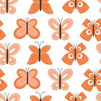 Seamless Pattern of Bright Spring Butterflies in Orange Colors on White Background in Flat Style vector