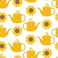 Seamless Pattern with Yellow Polka Dot Garden Watering Can and Sunflowers on a White Background vector