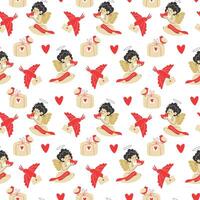 Seamless Pattern of Loving Cupids and Birds Delivering Gifts and Love Letters for Valentine's Day on White Background vector