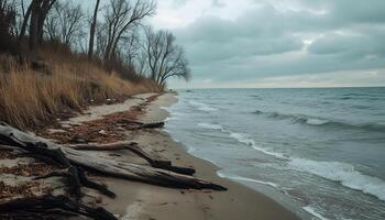 A beach with trees and water on a cloudy day photo
