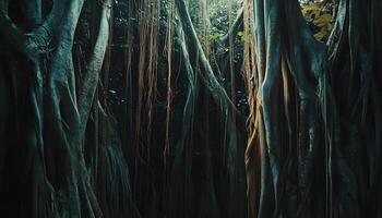 A dark forest with many trees and vines photo