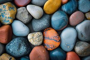 Close-up of vibrant, colorful pebbles showcasing a variety of natural textures and patterns. Perfect for backgrounds, nature-inspired designs, and decorative projects with an organic feel photo