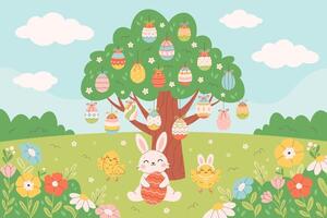 Cute tree with colorful Easter eggs, bunny, chicks on spring meadow. Spring landscape. Design for greeting cards, posters, banners, invitations. vector
