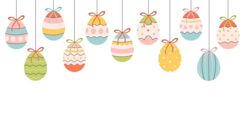 Cute hanging painted Easter eggs. Easter template for card and banner. Easter background with colorful eggs