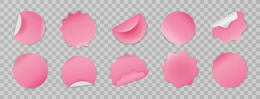 Set of realistic pink round stickers. Isolated blank paper sheets with curved and wavy edges on background. Elements for notes, mockups, planners, and journaling. Badges, sticky notes. vector