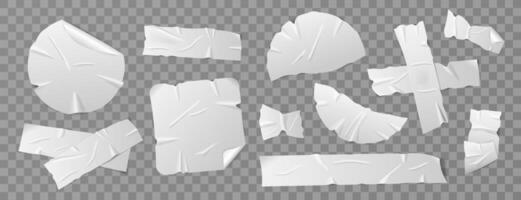 Set of white duct tape, adhesive tape, sticky paper strips. Isolated elements in different shapes on background. Collection of realistic tape pieces for collages, scrapbooking, and creative projects. vector