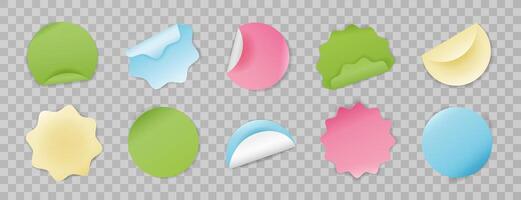 Set of realistic multicolored round stickers. Isolated blank paper sheets with curved and wavy edges on background. Elements for notes, mockups, planners, and journaling. Badges, sticky notes. vector
