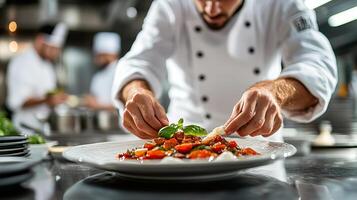 Chef Plating a Gourmet Dish with Precision and Care in Kitchen photo