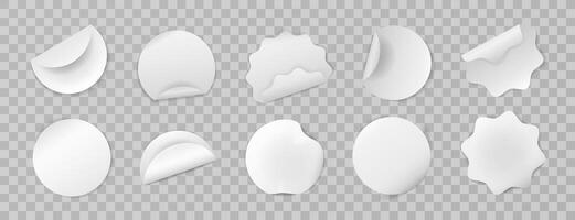 Set of realistic white round stickers. Isolated blank paper sheets with curved and wavy edges on background. Elements for notes, mockups, planners, and journaling. Various badges, sticky notes. vector