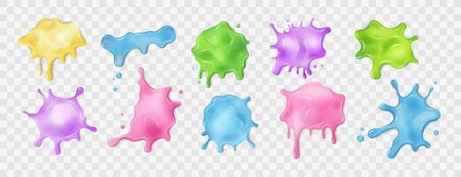 Set of colorful liquid slime blots. Realistic sticky stains with dripping drops. Various shapes of slimy, toxic mucus. Isolated abstract textures. Alien splashes, jelly, gelatin. . vector