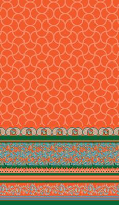 Colorful Orange Textile Design with Floral and Geometric Patterns