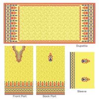 Yellow floral print Indian ethnic wear design with dupatta, front, back, and sleeve details. vector