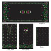 Embroidered floral design ethnic wear with dupatta, sleeve, front and back part on black background vector